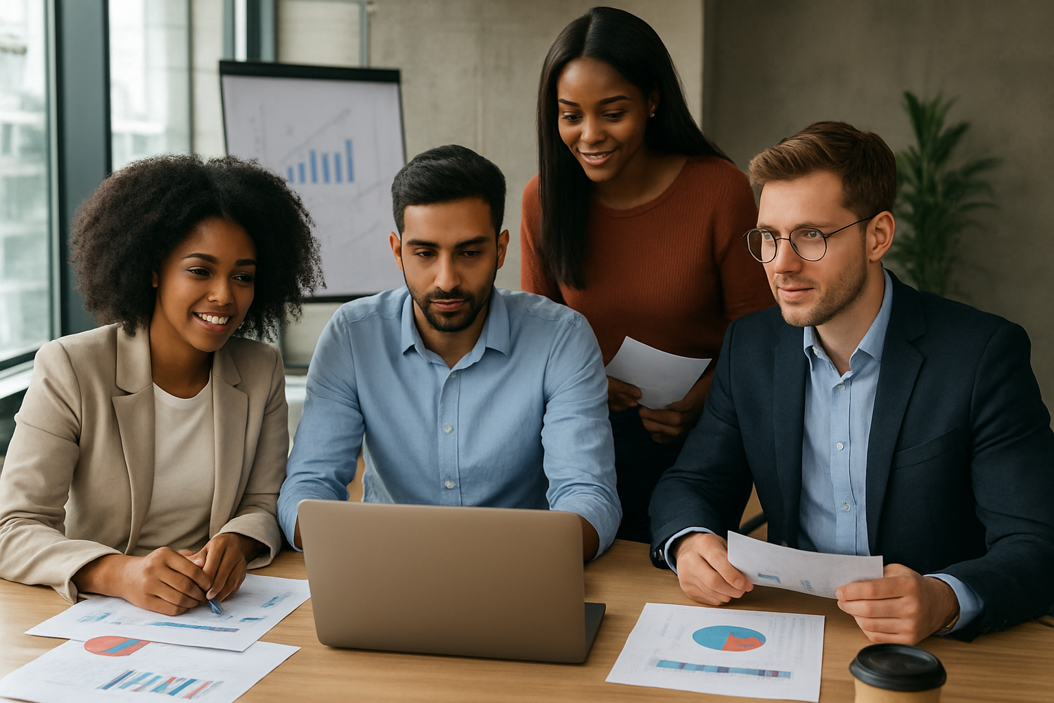 A modern marketer analyzing a glowing sales funnel dashboard on multiple